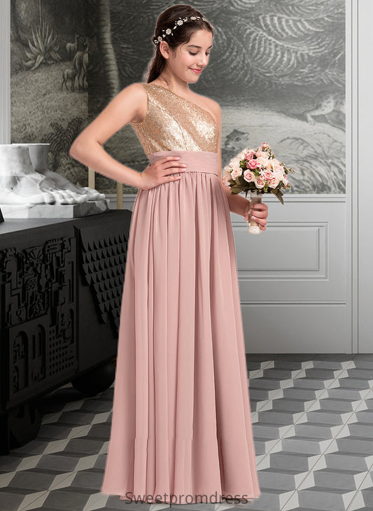 Danna A-Line One-Shoulder Floor-Length Chiffon Junior Bridesmaid Dress With Ruffle DHP0013340