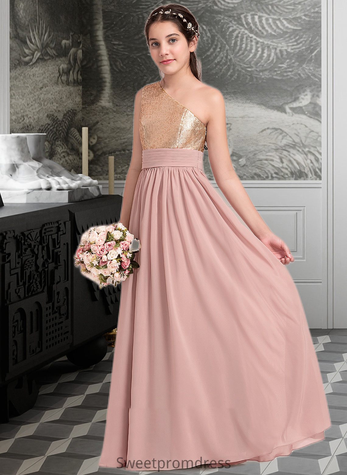 Danna A-Line One-Shoulder Floor-Length Chiffon Junior Bridesmaid Dress With Ruffle DHP0013340