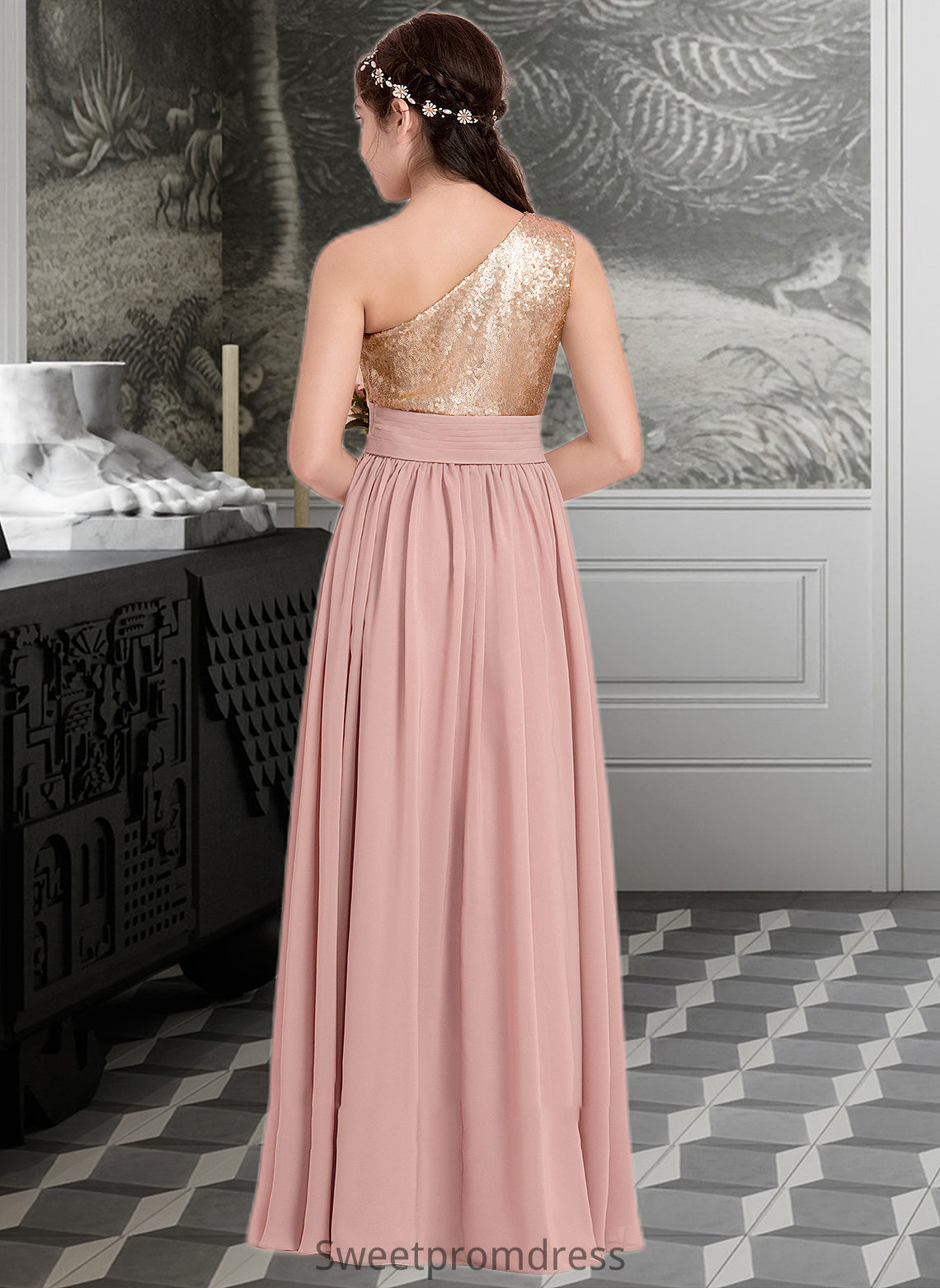 Danna A-Line One-Shoulder Floor-Length Chiffon Junior Bridesmaid Dress With Ruffle DHP0013340