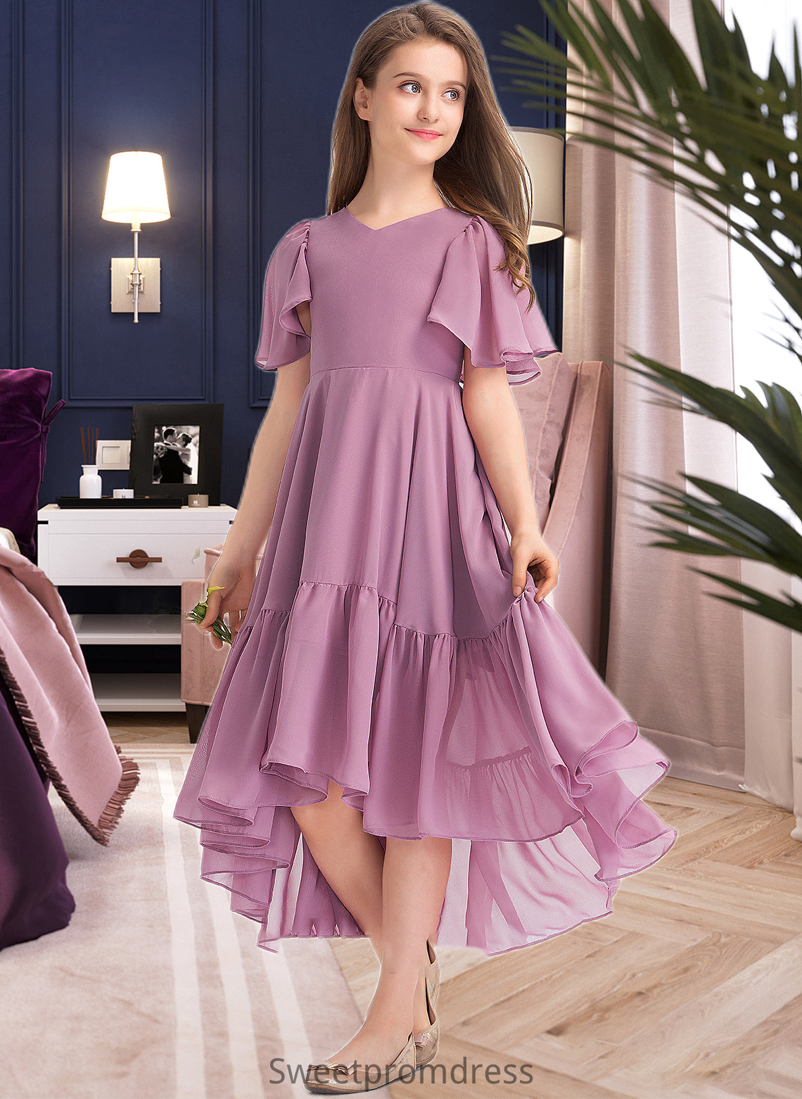 Lillian A-Line V-neck Asymmetrical Chiffon Junior Bridesmaid Dress With Cascading Ruffles DHP0013342