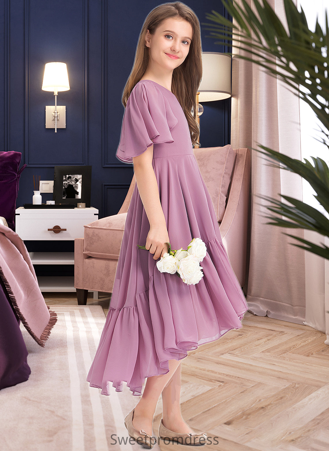 Lillian A-Line V-neck Asymmetrical Chiffon Junior Bridesmaid Dress With Cascading Ruffles DHP0013342