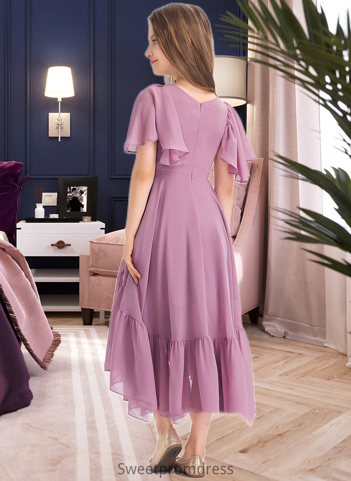 Lillian A-Line V-neck Asymmetrical Chiffon Junior Bridesmaid Dress With Cascading Ruffles DHP0013342