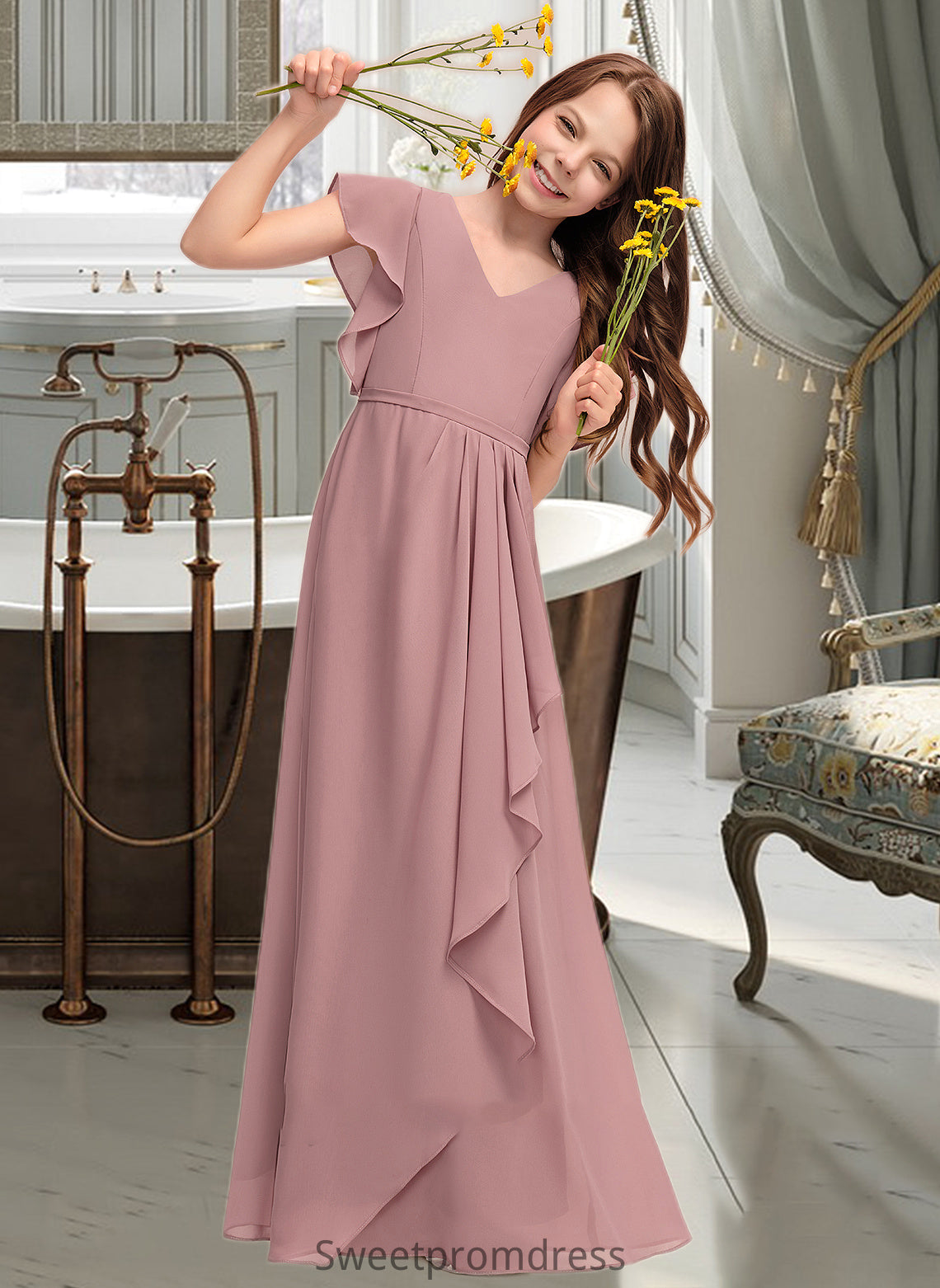 London A-Line V-neck Floor-Length Chiffon Junior Bridesmaid Dress With Cascading Ruffles DHP0013343