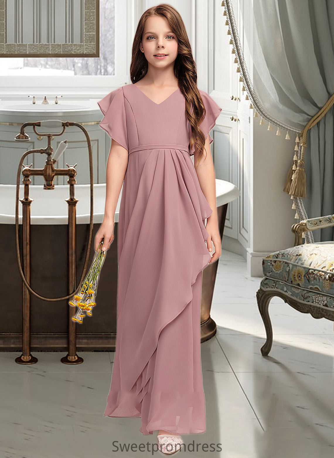 London A-Line V-neck Floor-Length Chiffon Junior Bridesmaid Dress With Cascading Ruffles DHP0013343