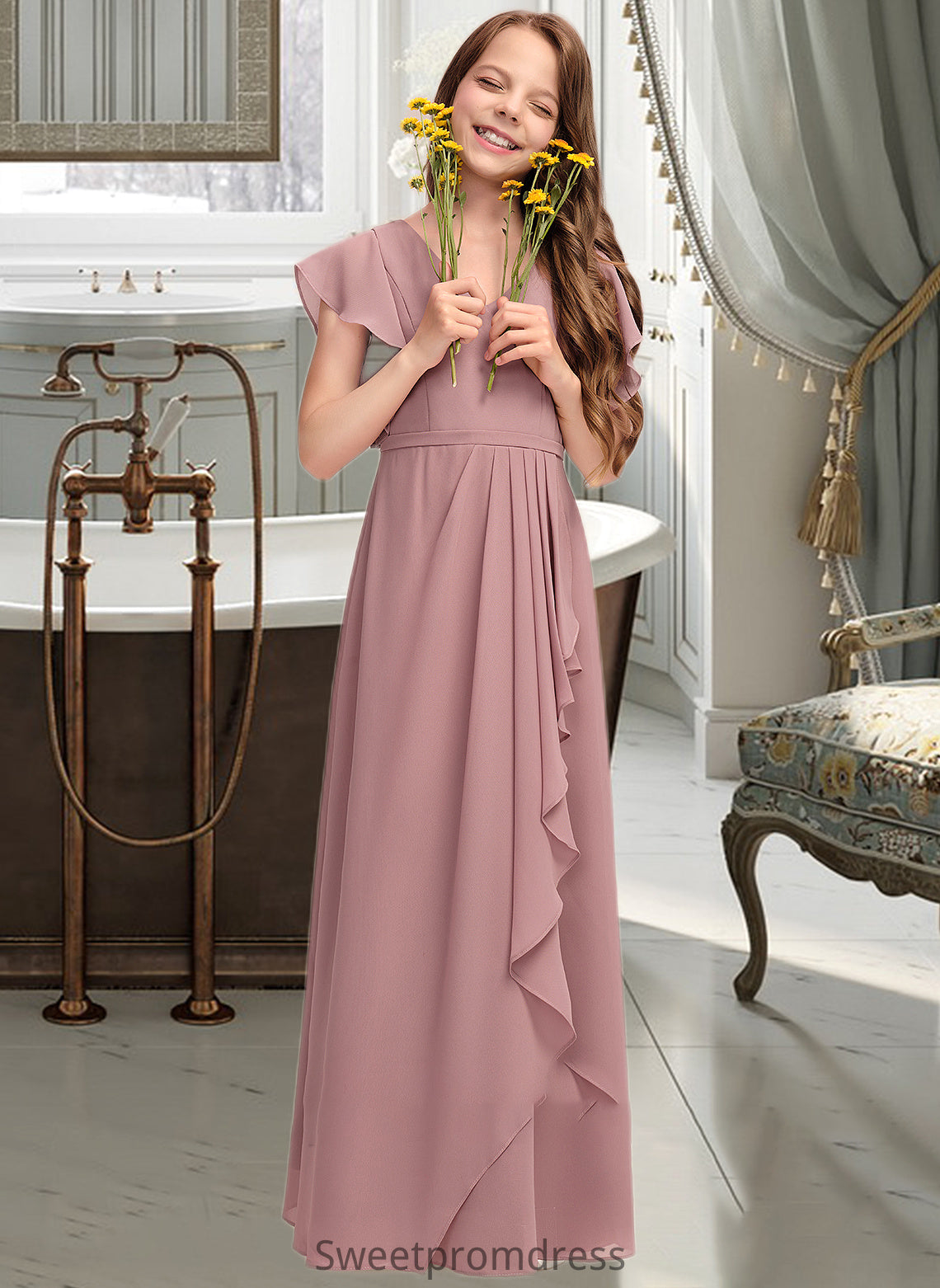 London A-Line V-neck Floor-Length Chiffon Junior Bridesmaid Dress With Cascading Ruffles DHP0013343