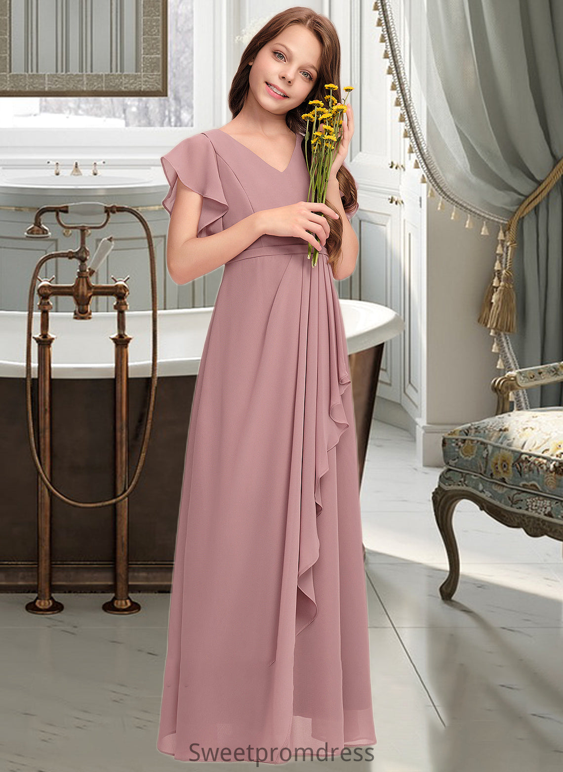 London A-Line V-neck Floor-Length Chiffon Junior Bridesmaid Dress With Cascading Ruffles DHP0013343