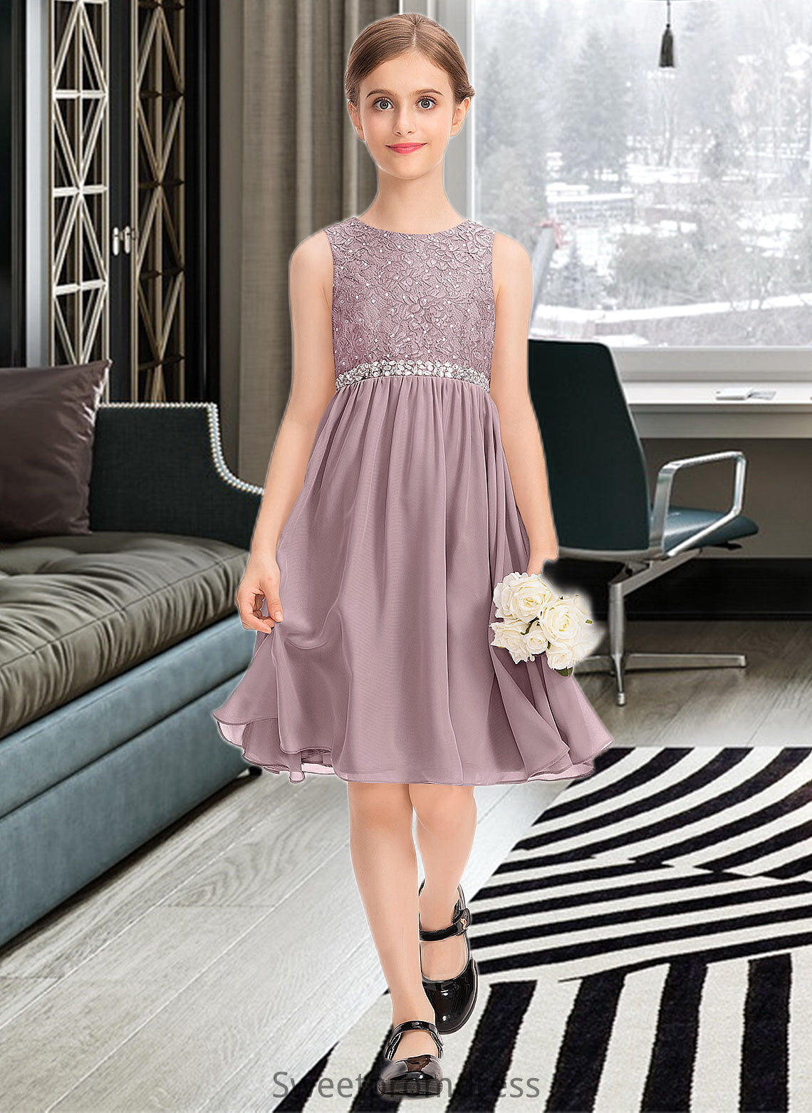 Bethany A-Line Scoop Neck Knee-Length Chiffon Lace Junior Bridesmaid Dress With Beading Bow(s) DHP0013344