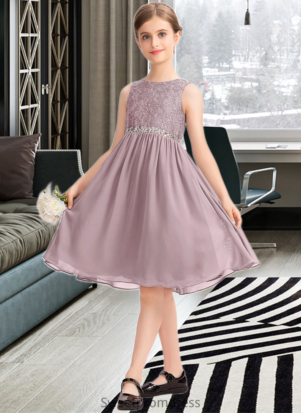 Bethany A-Line Scoop Neck Knee-Length Chiffon Lace Junior Bridesmaid Dress With Beading Bow(s) DHP0013344