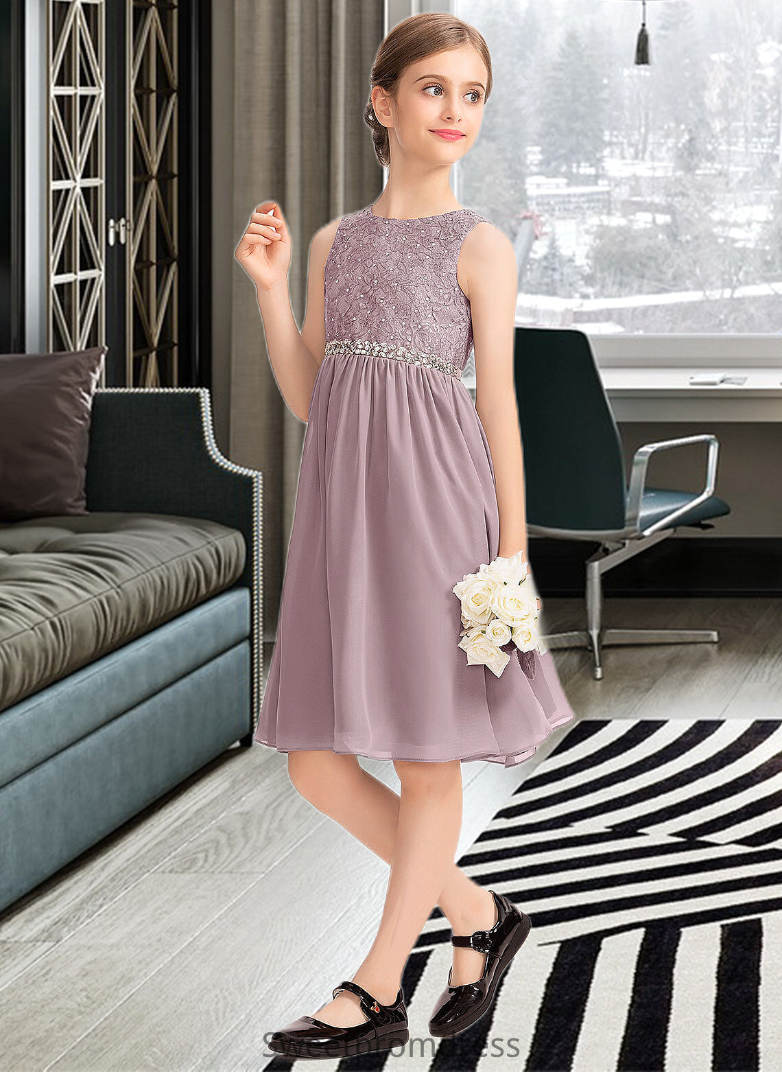 Bethany A-Line Scoop Neck Knee-Length Chiffon Lace Junior Bridesmaid Dress With Beading Bow(s) DHP0013344