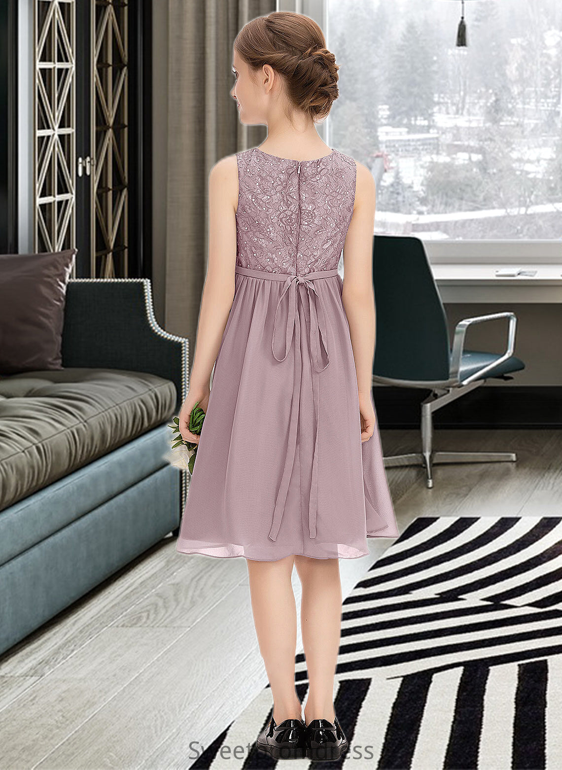 Bethany A-Line Scoop Neck Knee-Length Chiffon Lace Junior Bridesmaid Dress With Beading Bow(s) DHP0013344