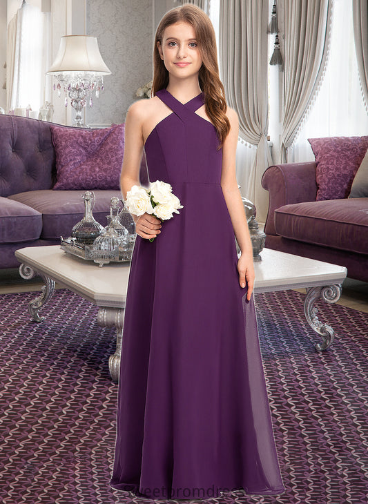 Riya A-Line V-neck Floor-Length Chiffon Junior Bridesmaid Dress DHP0013346