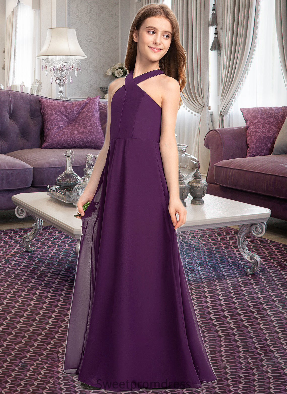 Riya A-Line V-neck Floor-Length Chiffon Junior Bridesmaid Dress DHP0013346