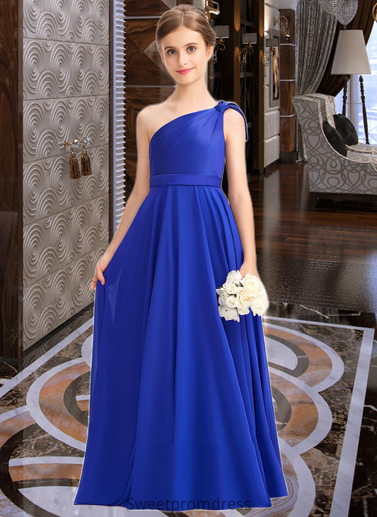 Lisa A-Line One-Shoulder Floor-Length Chiffon Charmeuse Junior Bridesmaid Dress With Ruffle DHP0013347