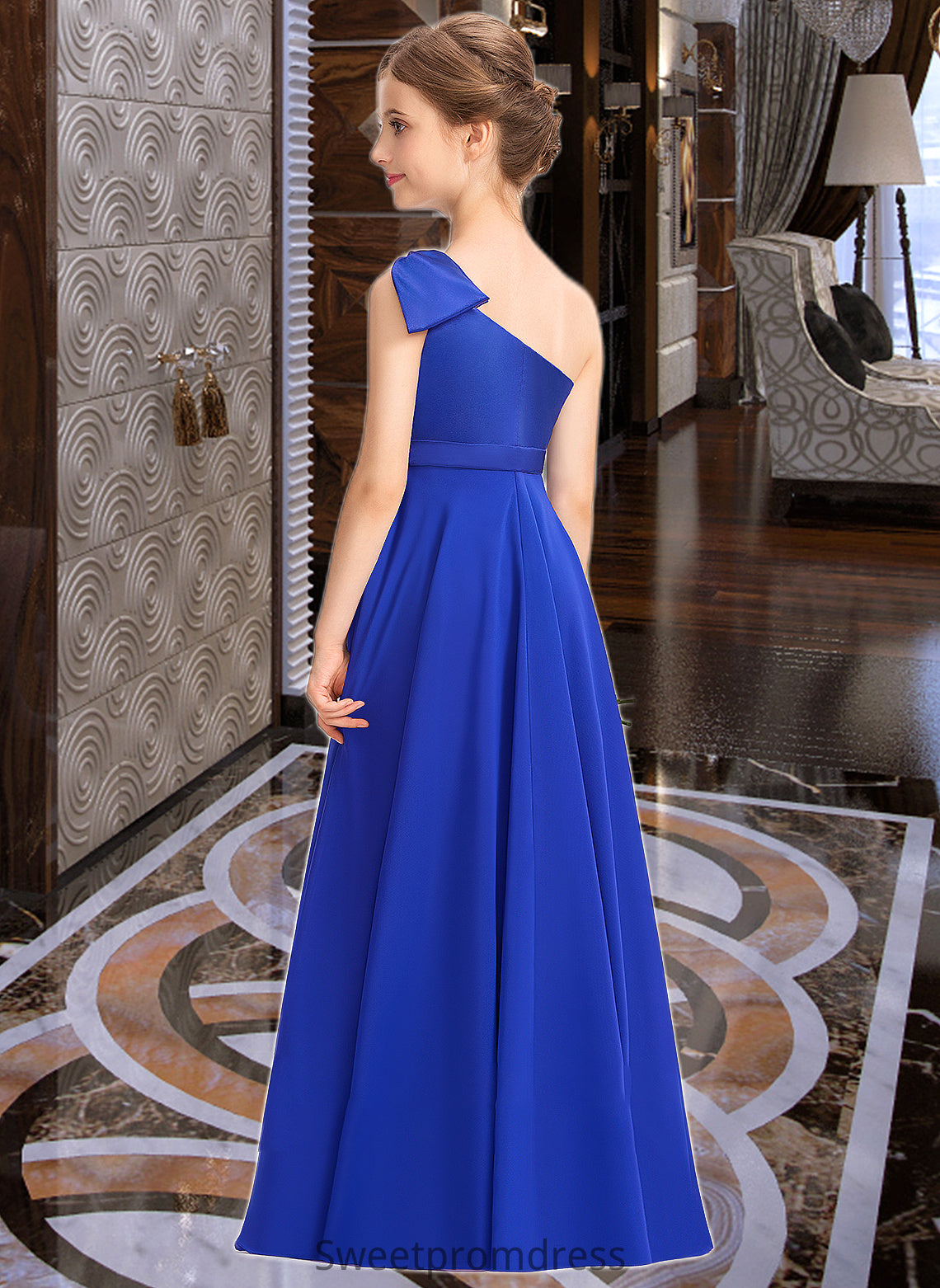 Lisa A-Line One-Shoulder Floor-Length Chiffon Charmeuse Junior Bridesmaid Dress With Ruffle DHP0013347