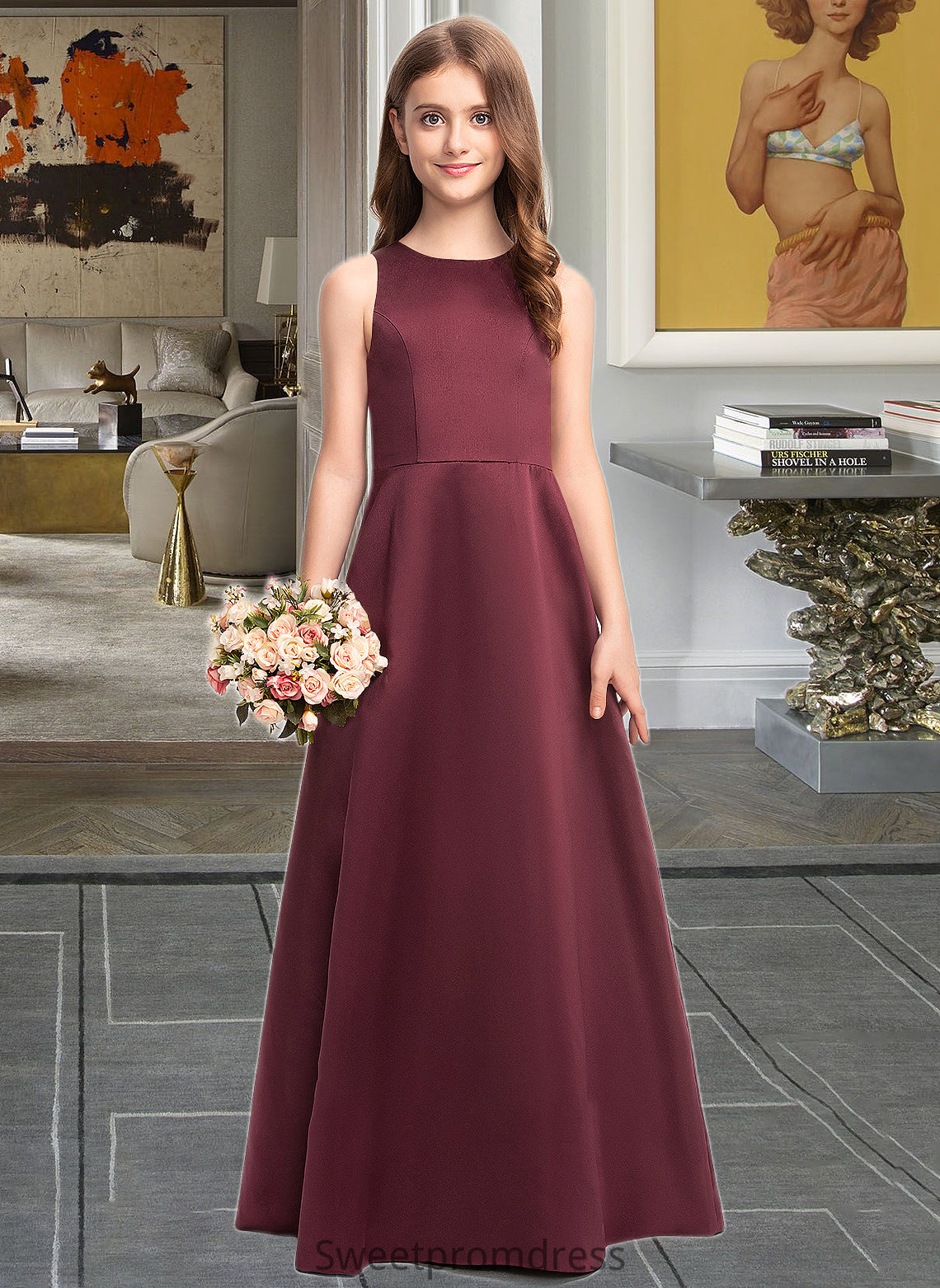 Brenda A-Line Scoop Neck Floor-Length Satin Junior Bridesmaid Dress DHP0013348