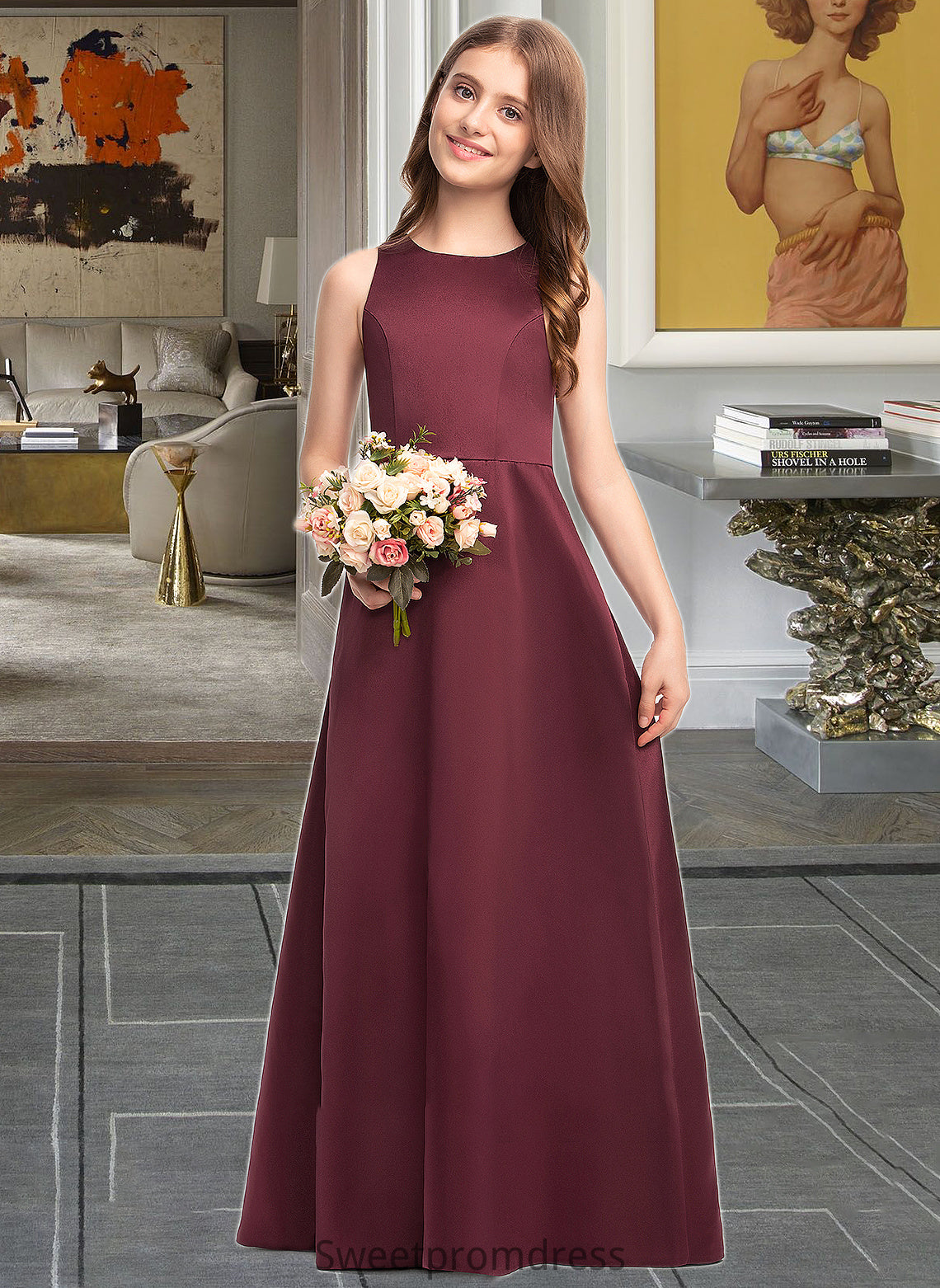 Brenda A-Line Scoop Neck Floor-Length Satin Junior Bridesmaid Dress DHP0013348