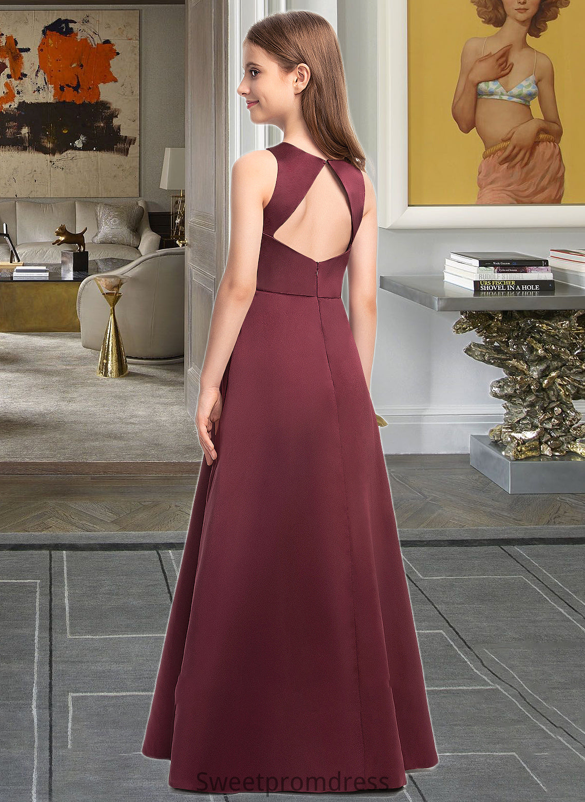 Brenda A-Line Scoop Neck Floor-Length Satin Junior Bridesmaid Dress DHP0013348