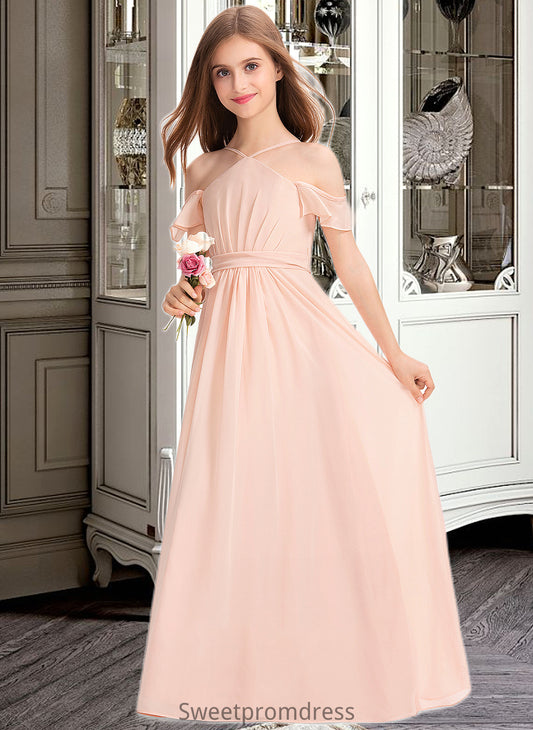 Jaylah A-Line V-neck Floor-Length Chiffon Junior Bridesmaid Dress With Ruffle Bow(s) DHP0013349