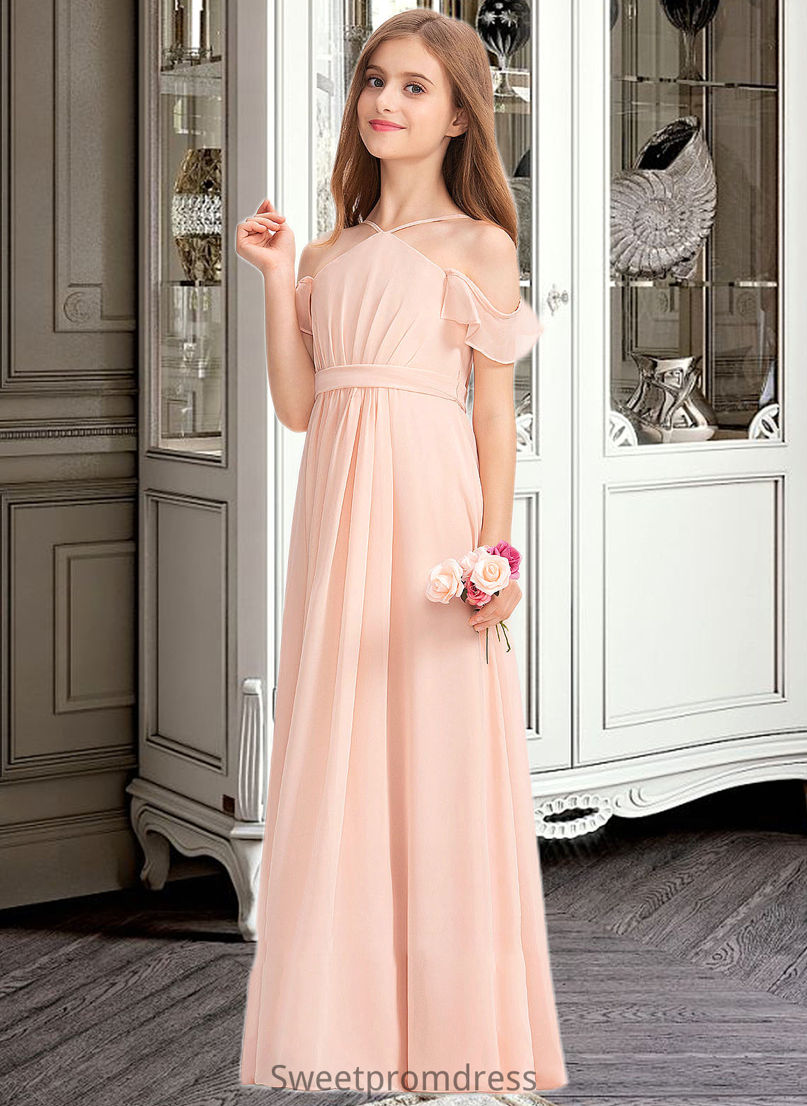 Jaylah A-Line V-neck Floor-Length Chiffon Junior Bridesmaid Dress With Ruffle Bow(s) DHP0013349