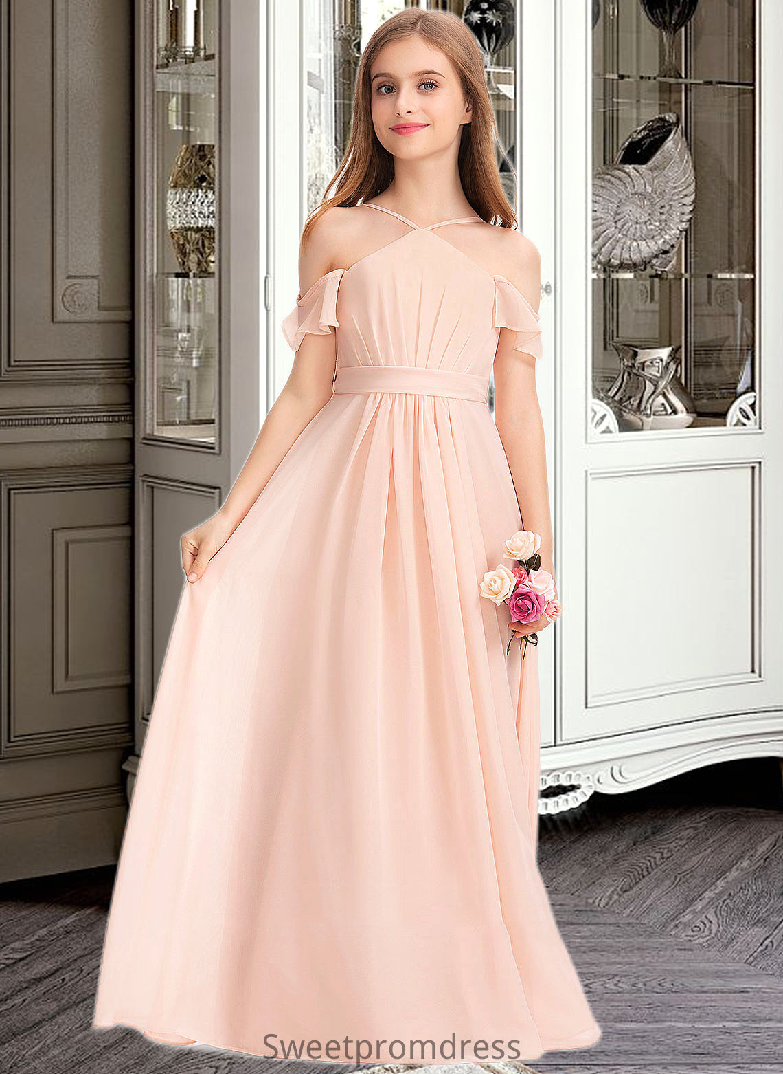 Jaylah A-Line V-neck Floor-Length Chiffon Junior Bridesmaid Dress With Ruffle Bow(s) DHP0013349