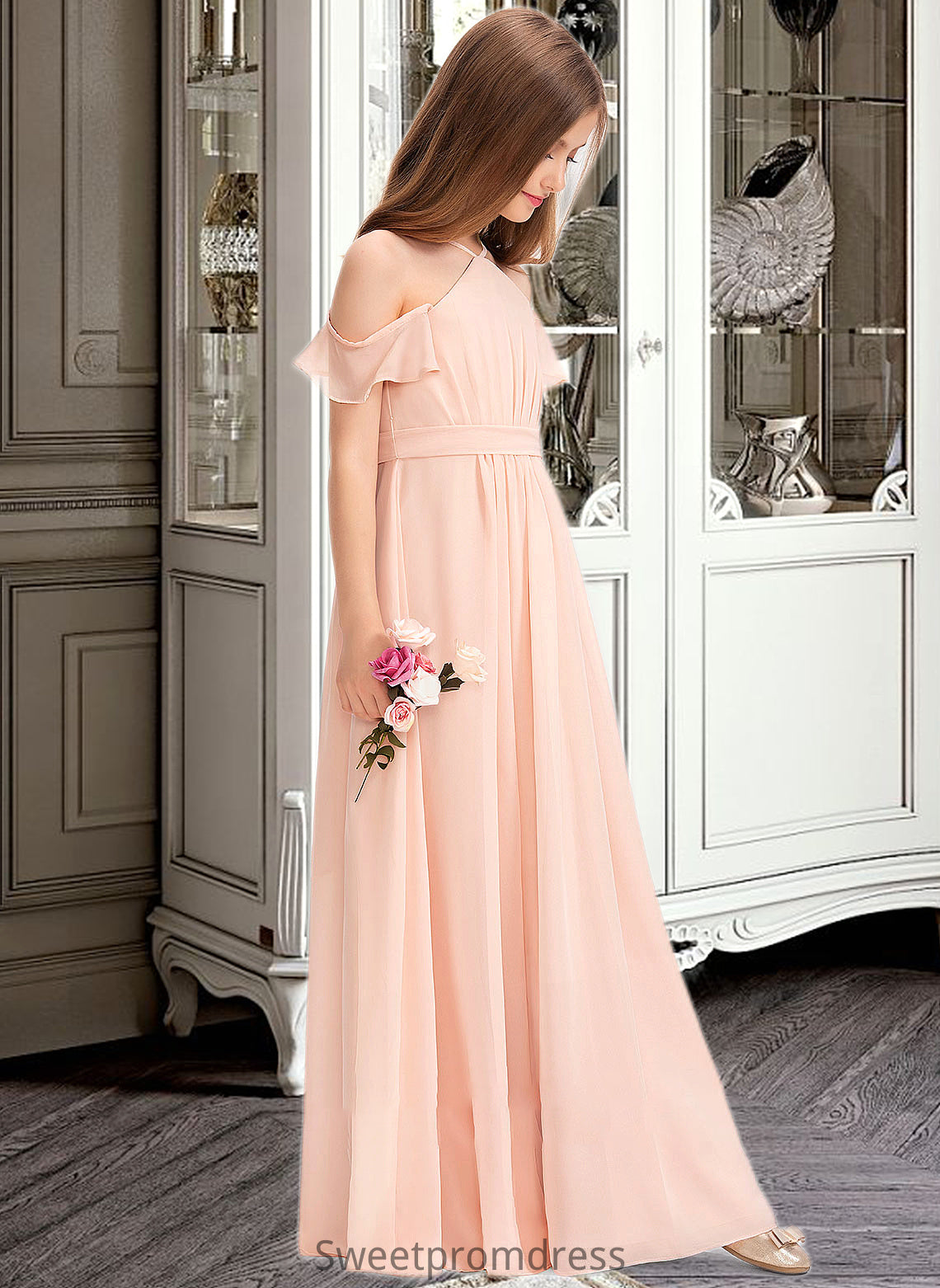 Jaylah A-Line V-neck Floor-Length Chiffon Junior Bridesmaid Dress With Ruffle Bow(s) DHP0013349