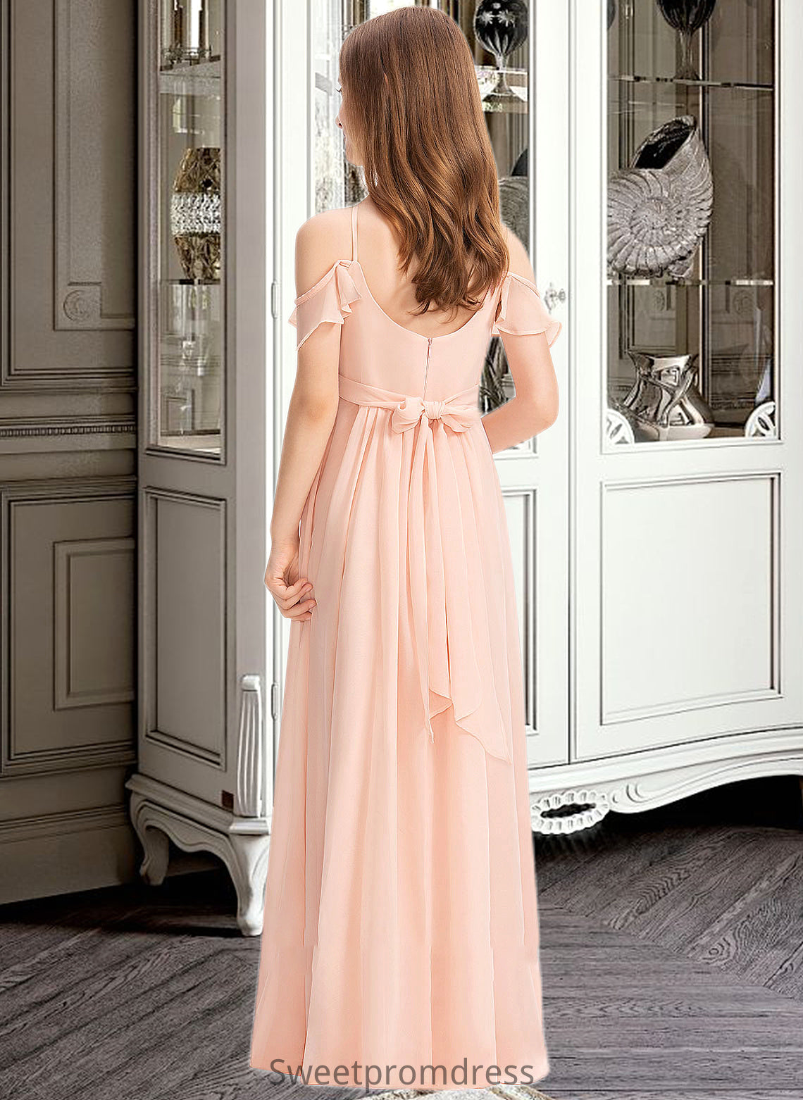 Jaylah A-Line V-neck Floor-Length Chiffon Junior Bridesmaid Dress With Ruffle Bow(s) DHP0013349