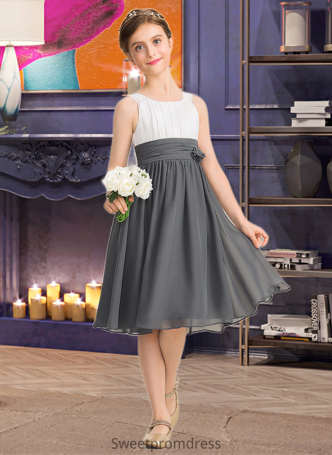 Kendal A-Line Scoop Neck Knee-Length Chiffon Junior Bridesmaid Dress With Ruffle Flower(s) DHP0013350