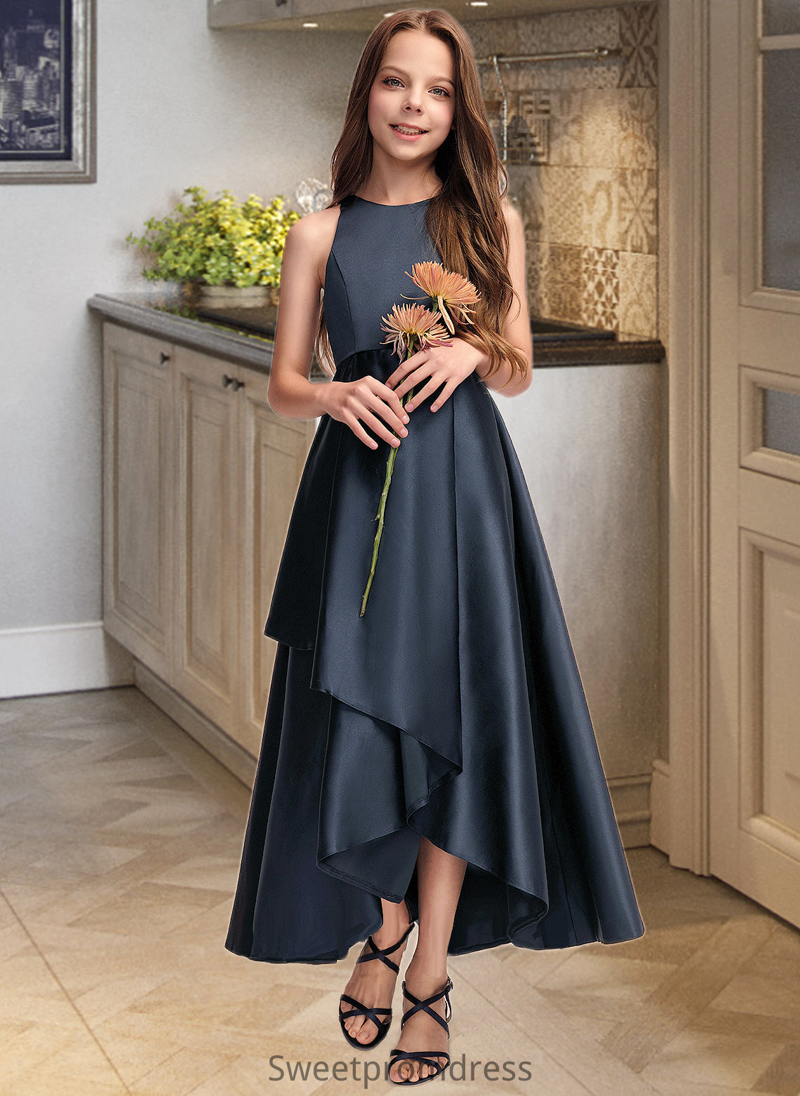 Lacey A-Line Scoop Neck Asymmetrical Satin Junior Bridesmaid Dress With Cascading Ruffles DHP0013352