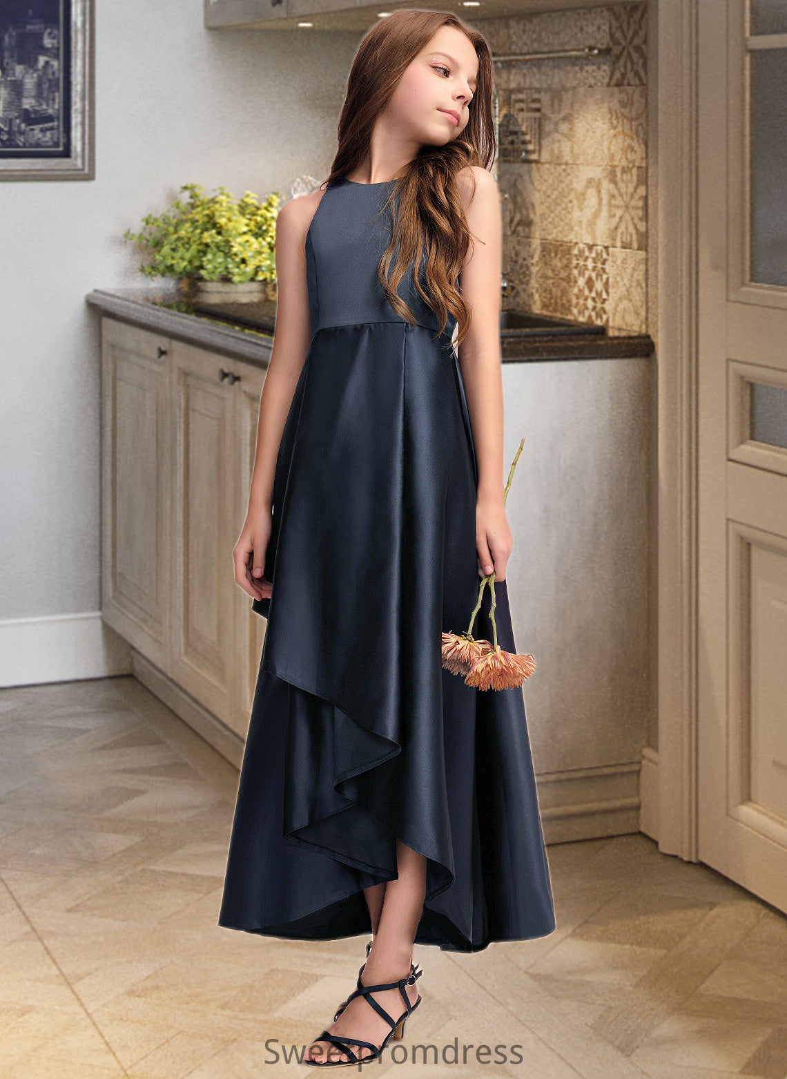 Lacey A-Line Scoop Neck Asymmetrical Satin Junior Bridesmaid Dress With Cascading Ruffles DHP0013352