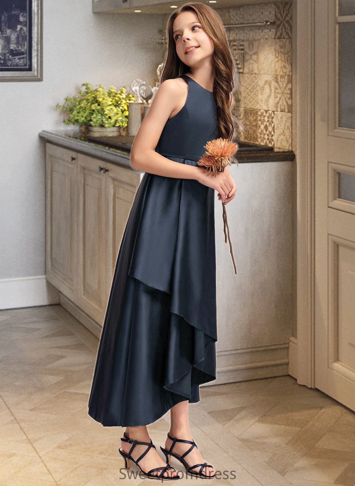 Lacey A-Line Scoop Neck Asymmetrical Satin Junior Bridesmaid Dress With Cascading Ruffles DHP0013352