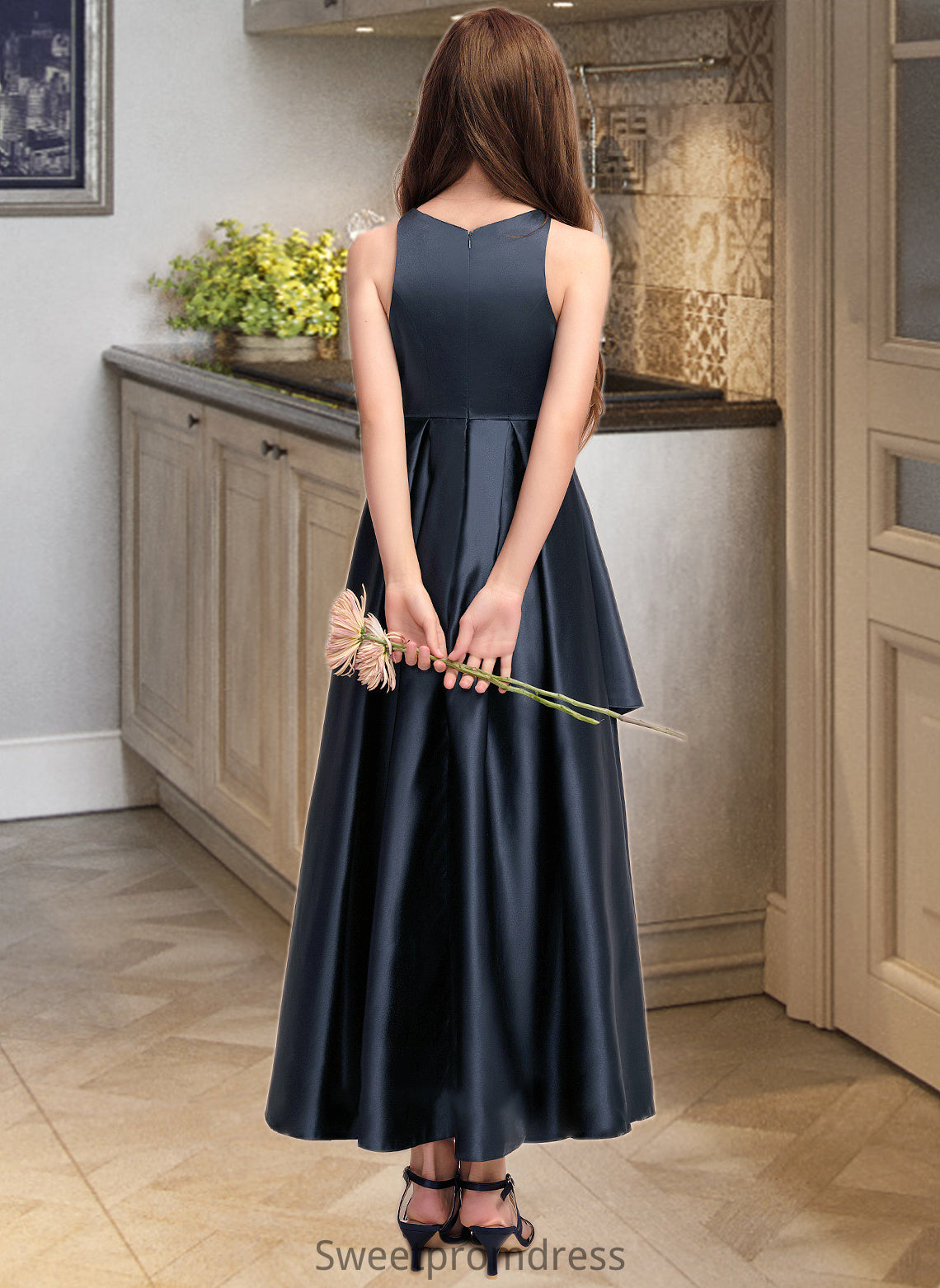 Lacey A-Line Scoop Neck Asymmetrical Satin Junior Bridesmaid Dress With Cascading Ruffles DHP0013352