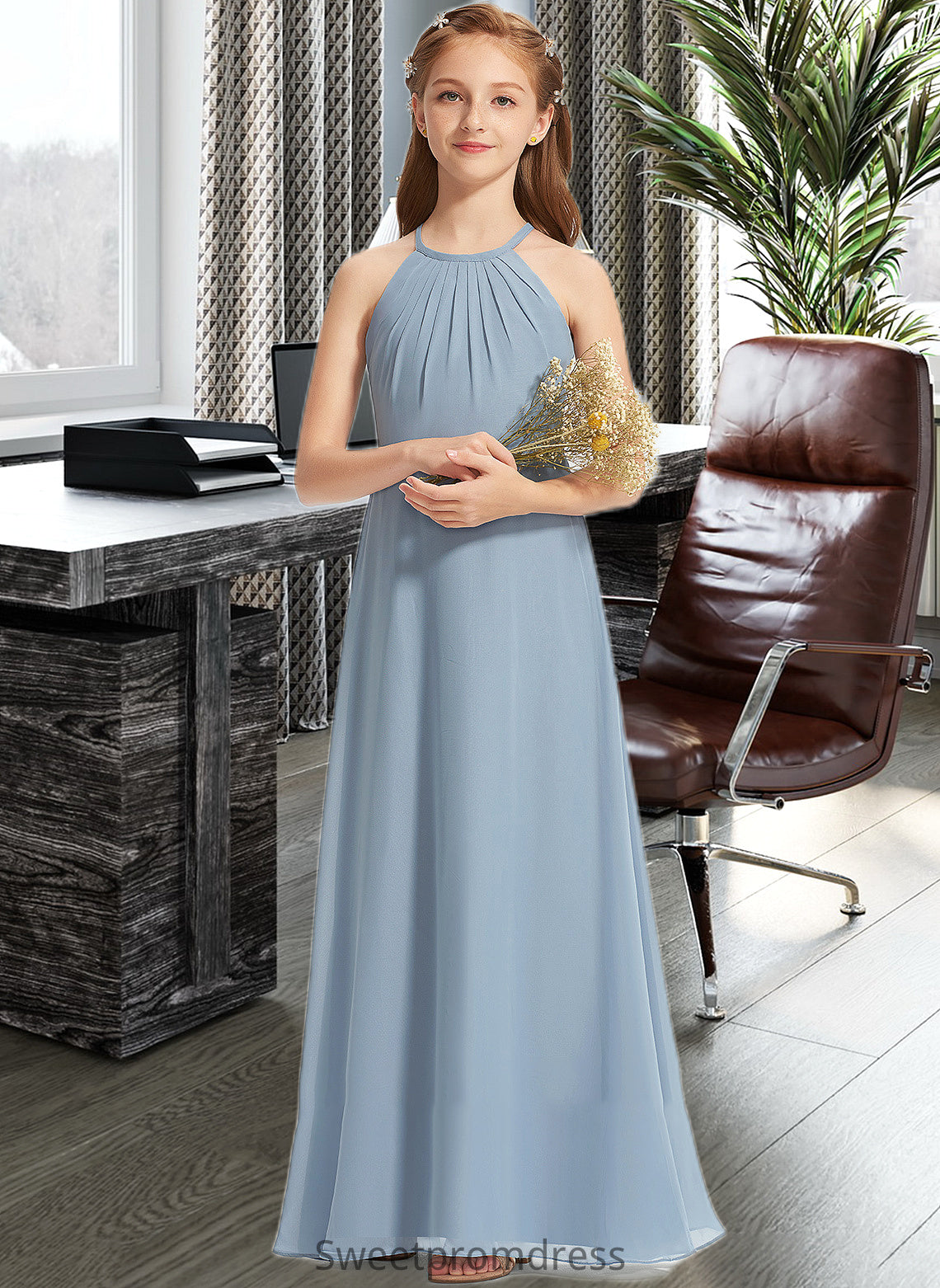 Desirae A-Line Scoop Neck Floor-Length Chiffon Junior Bridesmaid Dress With Ruffle DHP0013353