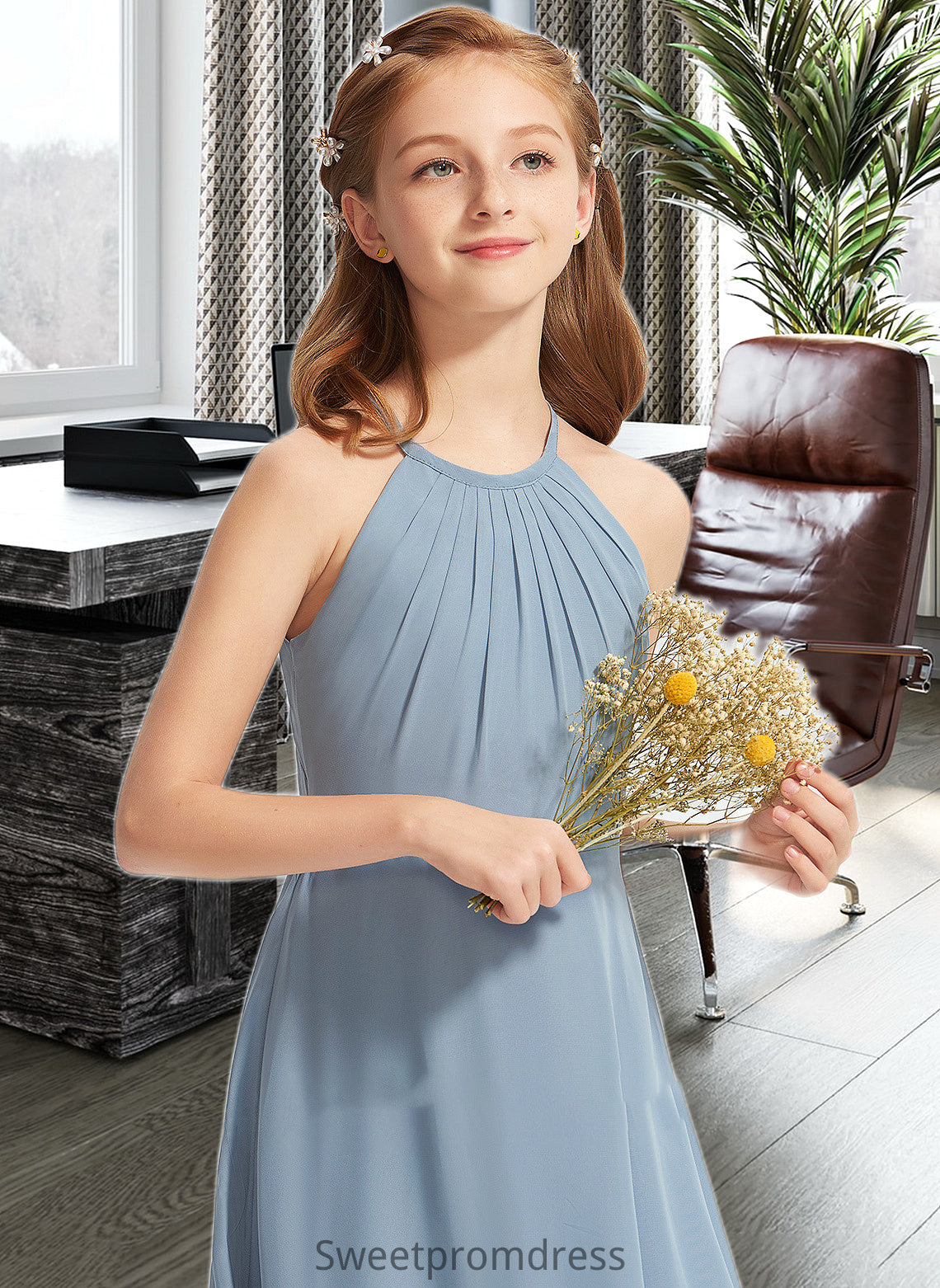 Desirae A-Line Scoop Neck Floor-Length Chiffon Junior Bridesmaid Dress With Ruffle DHP0013353