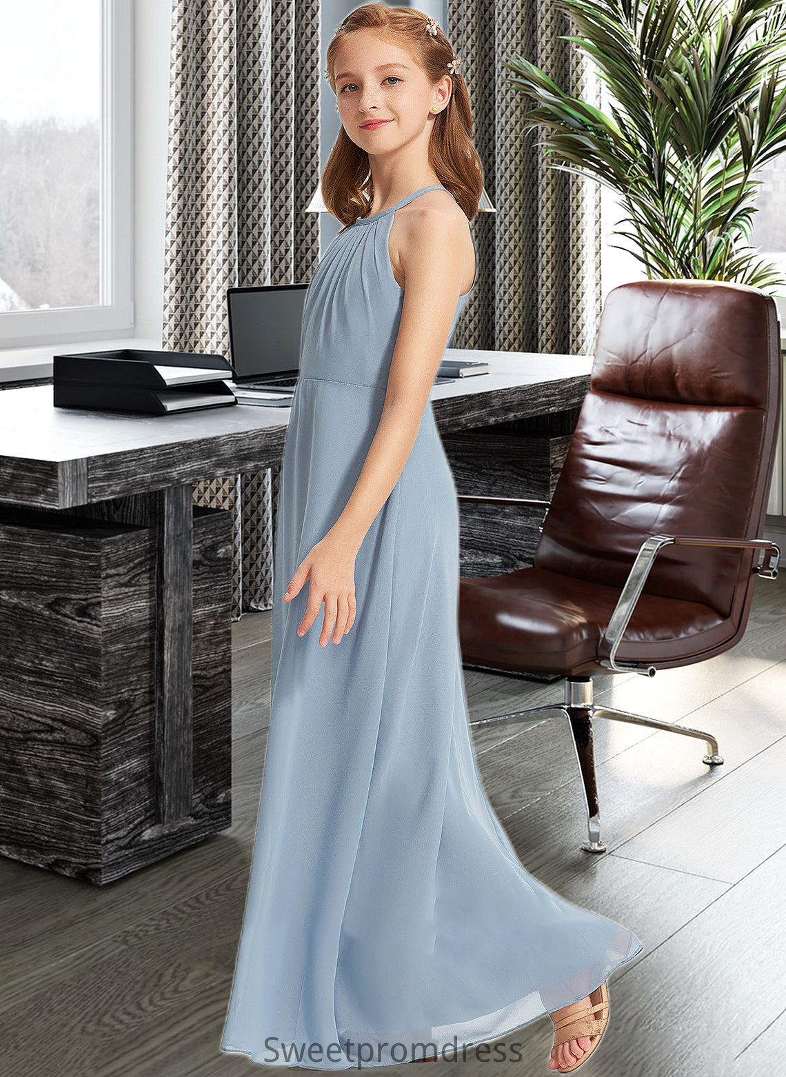 Desirae A-Line Scoop Neck Floor-Length Chiffon Junior Bridesmaid Dress With Ruffle DHP0013353