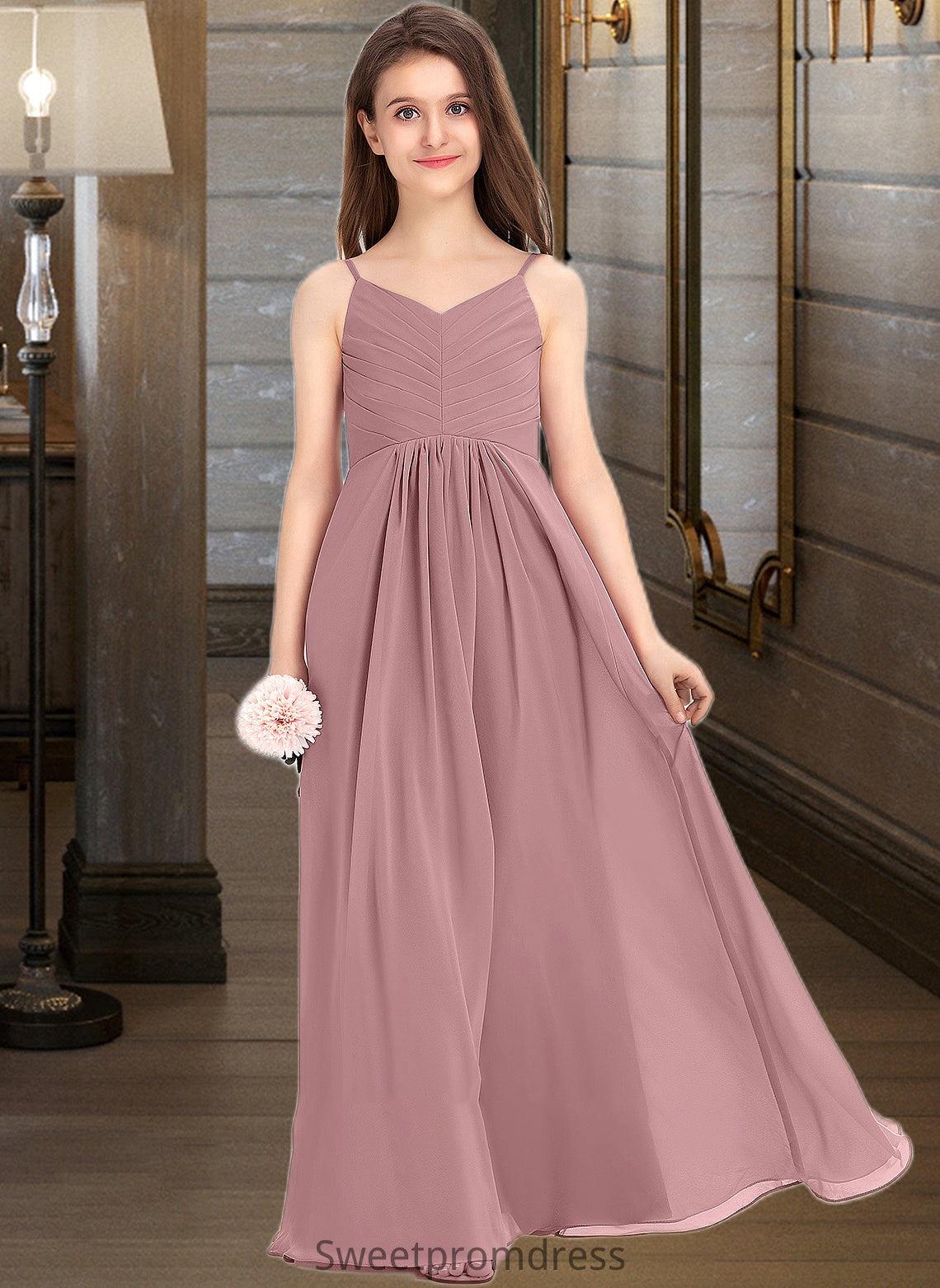 Baylee A-Line V-neck Floor-Length Chiffon Junior Bridesmaid Dress With Ruffle DHP0013354