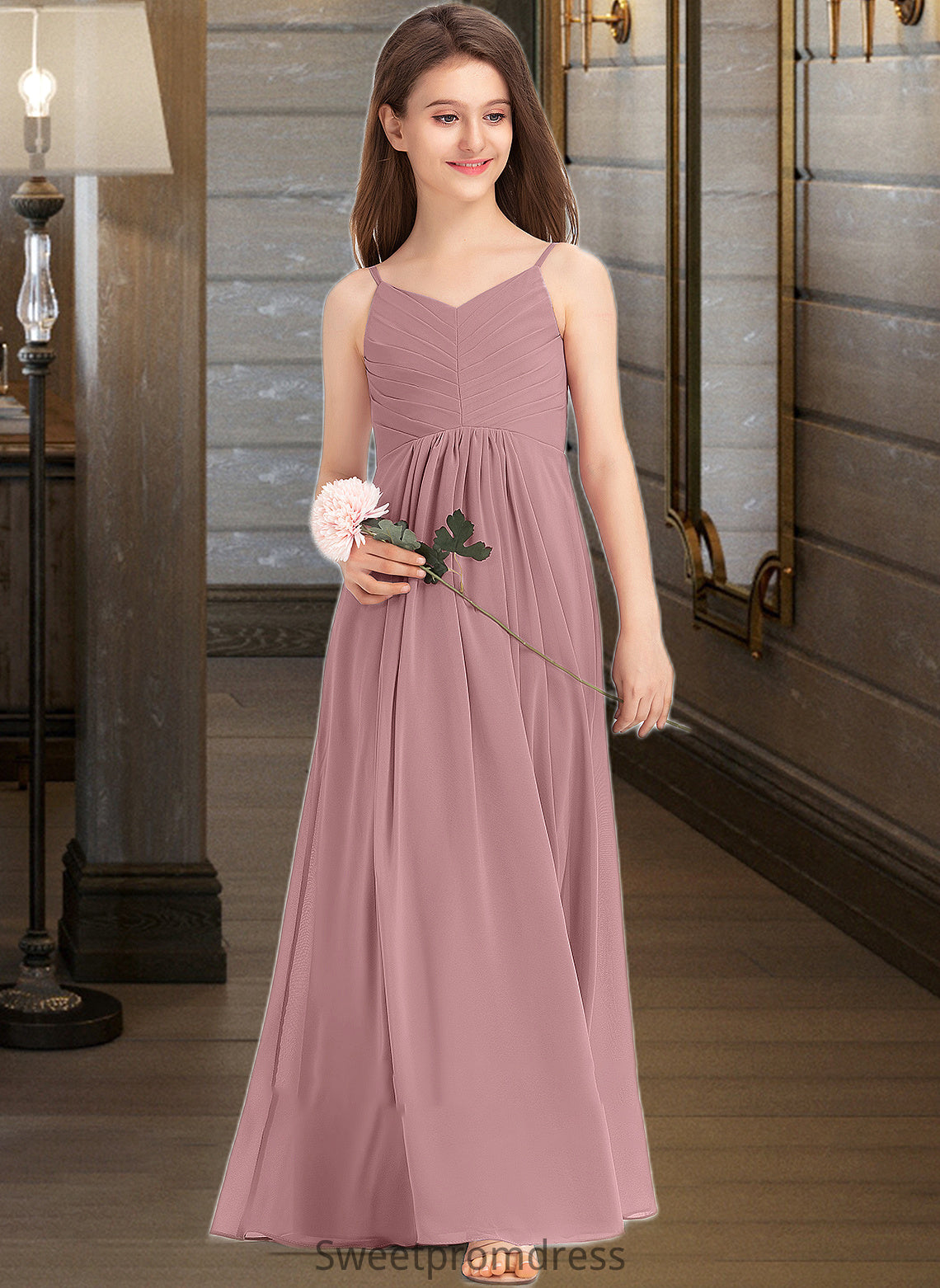 Baylee A-Line V-neck Floor-Length Chiffon Junior Bridesmaid Dress With Ruffle DHP0013354