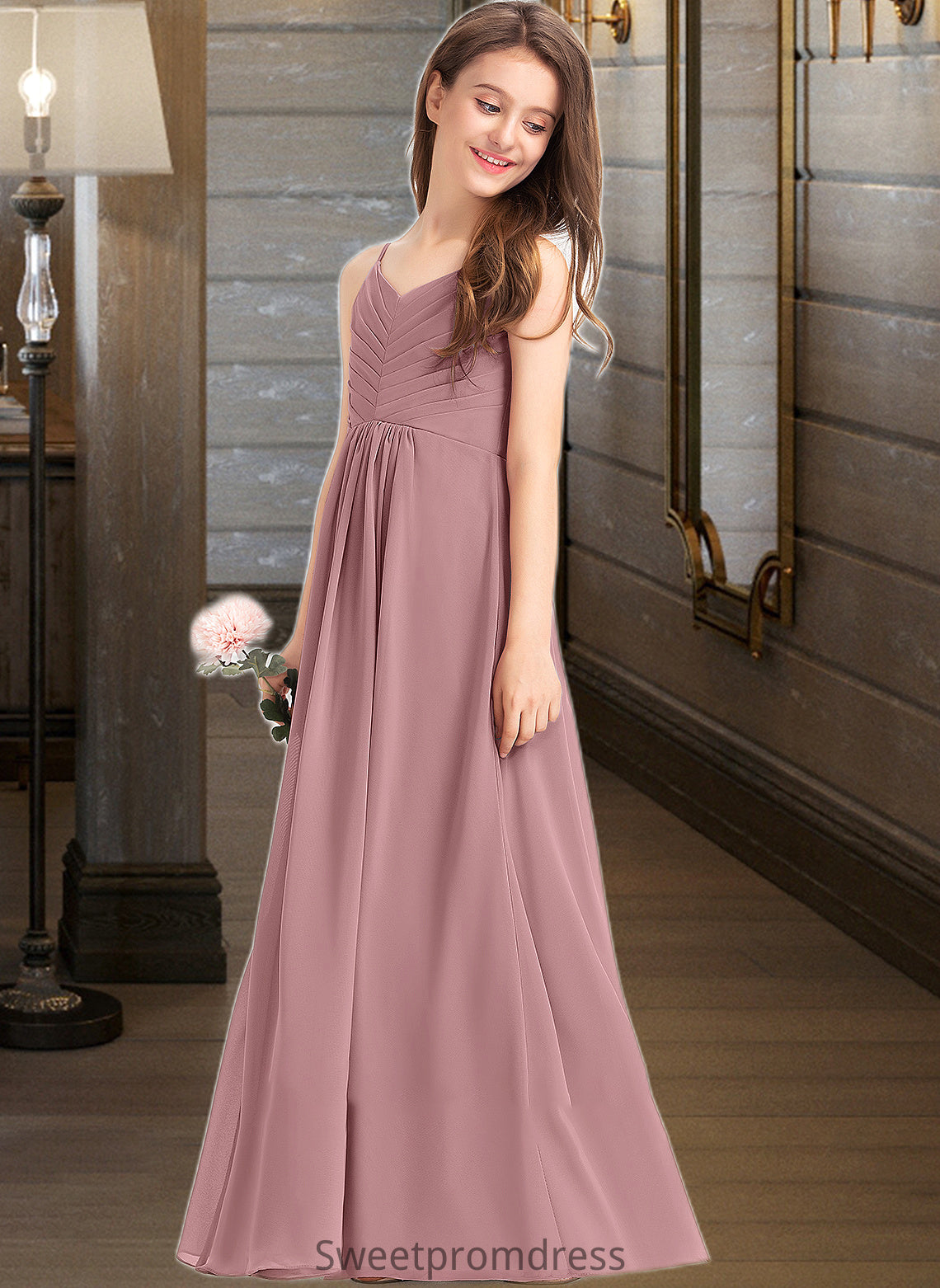 Baylee A-Line V-neck Floor-Length Chiffon Junior Bridesmaid Dress With Ruffle DHP0013354