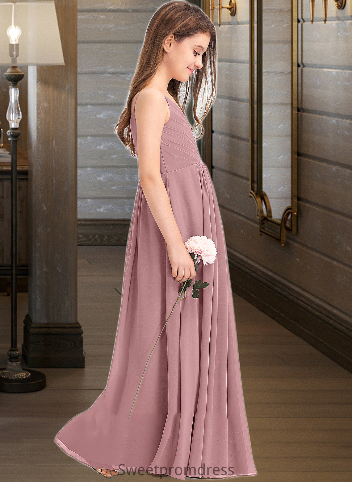 Baylee A-Line V-neck Floor-Length Chiffon Junior Bridesmaid Dress With Ruffle DHP0013354