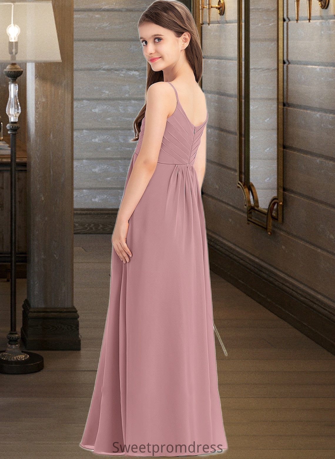 Baylee A-Line V-neck Floor-Length Chiffon Junior Bridesmaid Dress With Ruffle DHP0013354