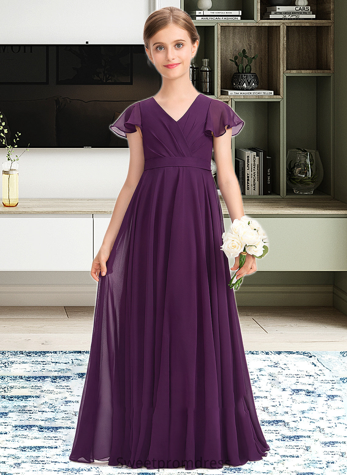 Matilda A-Line V-neck Floor-Length Chiffon Junior Bridesmaid Dress With Bow(s) Cascading Ruffles DHP0013355