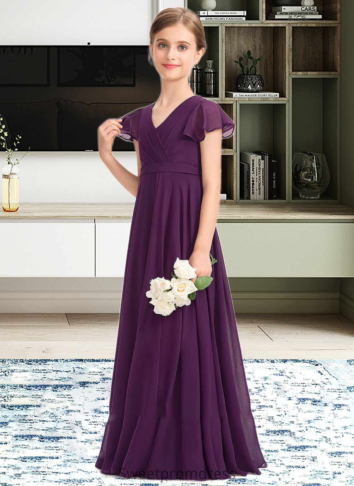 Matilda A-Line V-neck Floor-Length Chiffon Junior Bridesmaid Dress With Bow(s) Cascading Ruffles DHP0013355