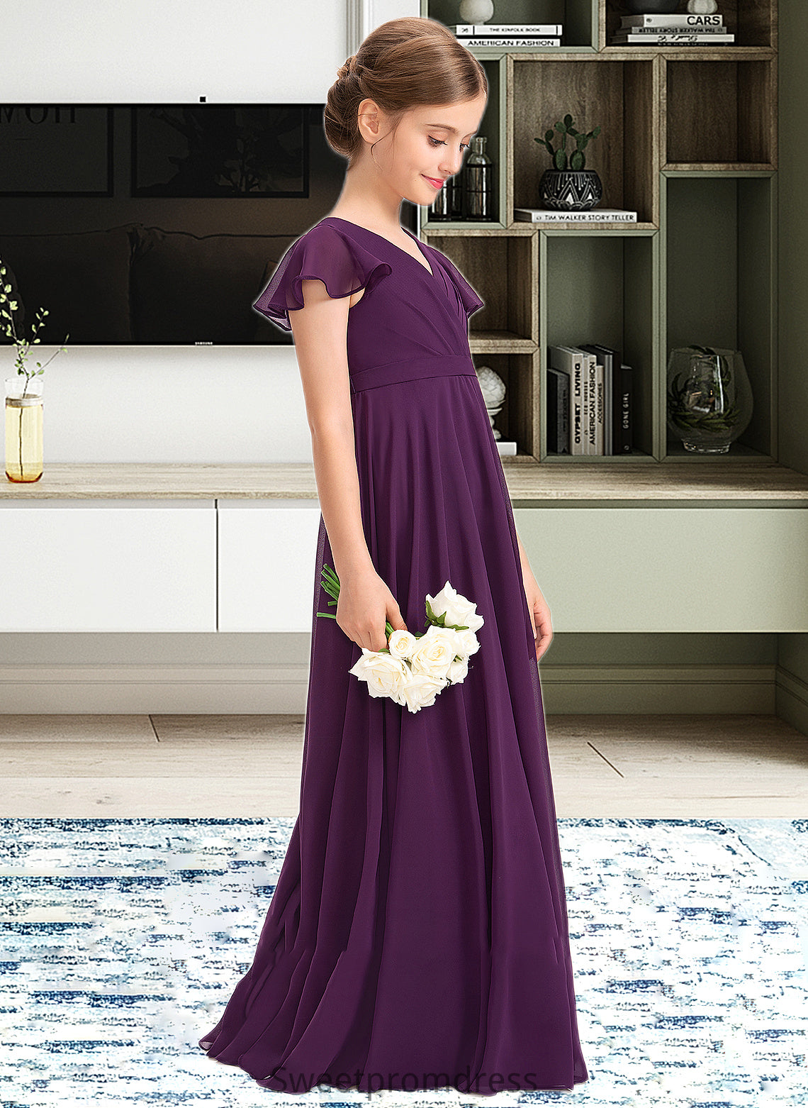 Matilda A-Line V-neck Floor-Length Chiffon Junior Bridesmaid Dress With Bow(s) Cascading Ruffles DHP0013355