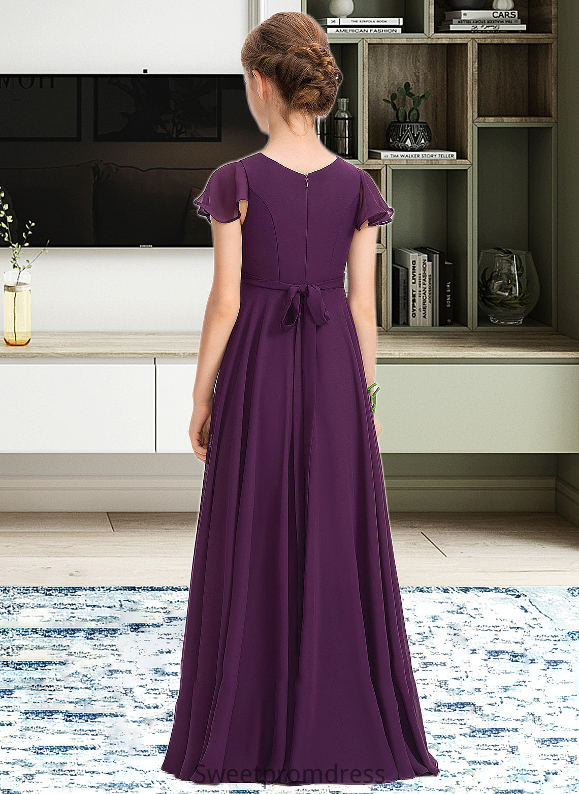 Matilda A-Line V-neck Floor-Length Chiffon Junior Bridesmaid Dress With Bow(s) Cascading Ruffles DHP0013355