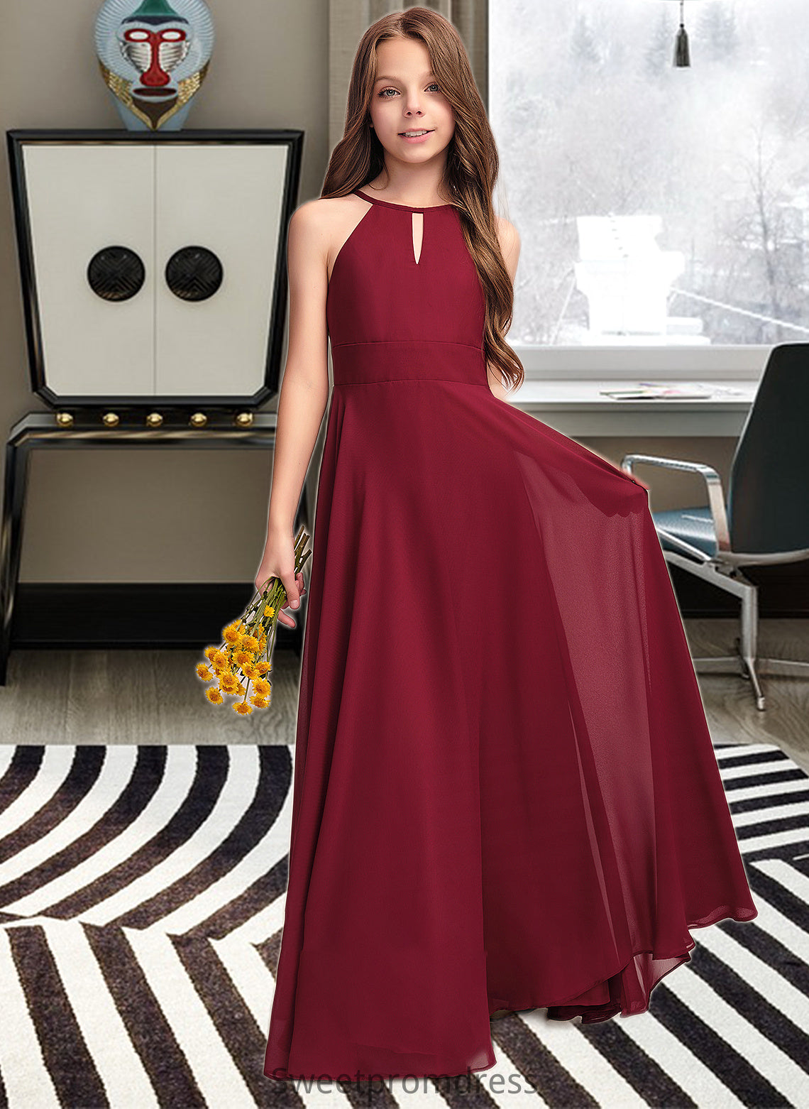 Lorena A-Line Scoop Neck Floor-Length Chiffon Junior Bridesmaid Dress DHP0013357