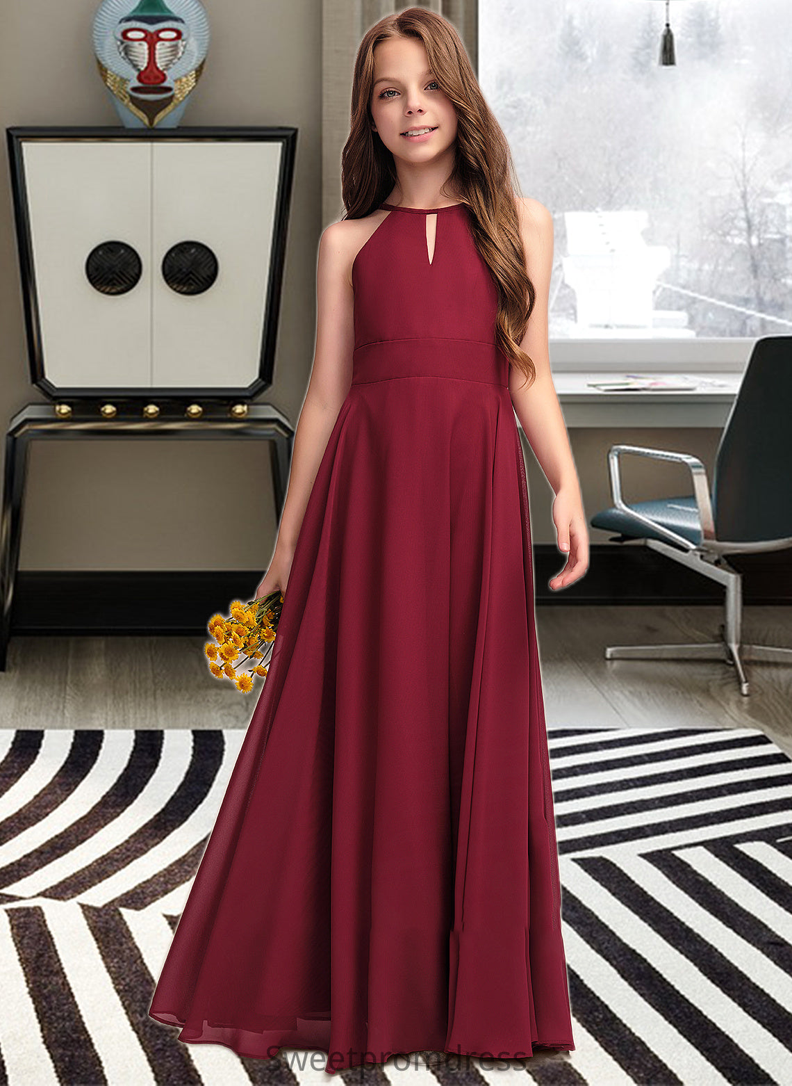 Lorena A-Line Scoop Neck Floor-Length Chiffon Junior Bridesmaid Dress DHP0013357