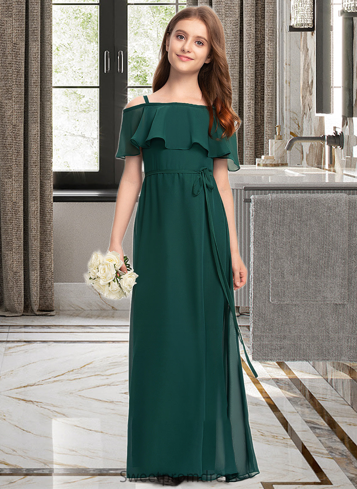 Sam A-Line Off-the-Shoulder Floor-Length Chiffon Junior Bridesmaid Dress With Bow(s) DHP0013359