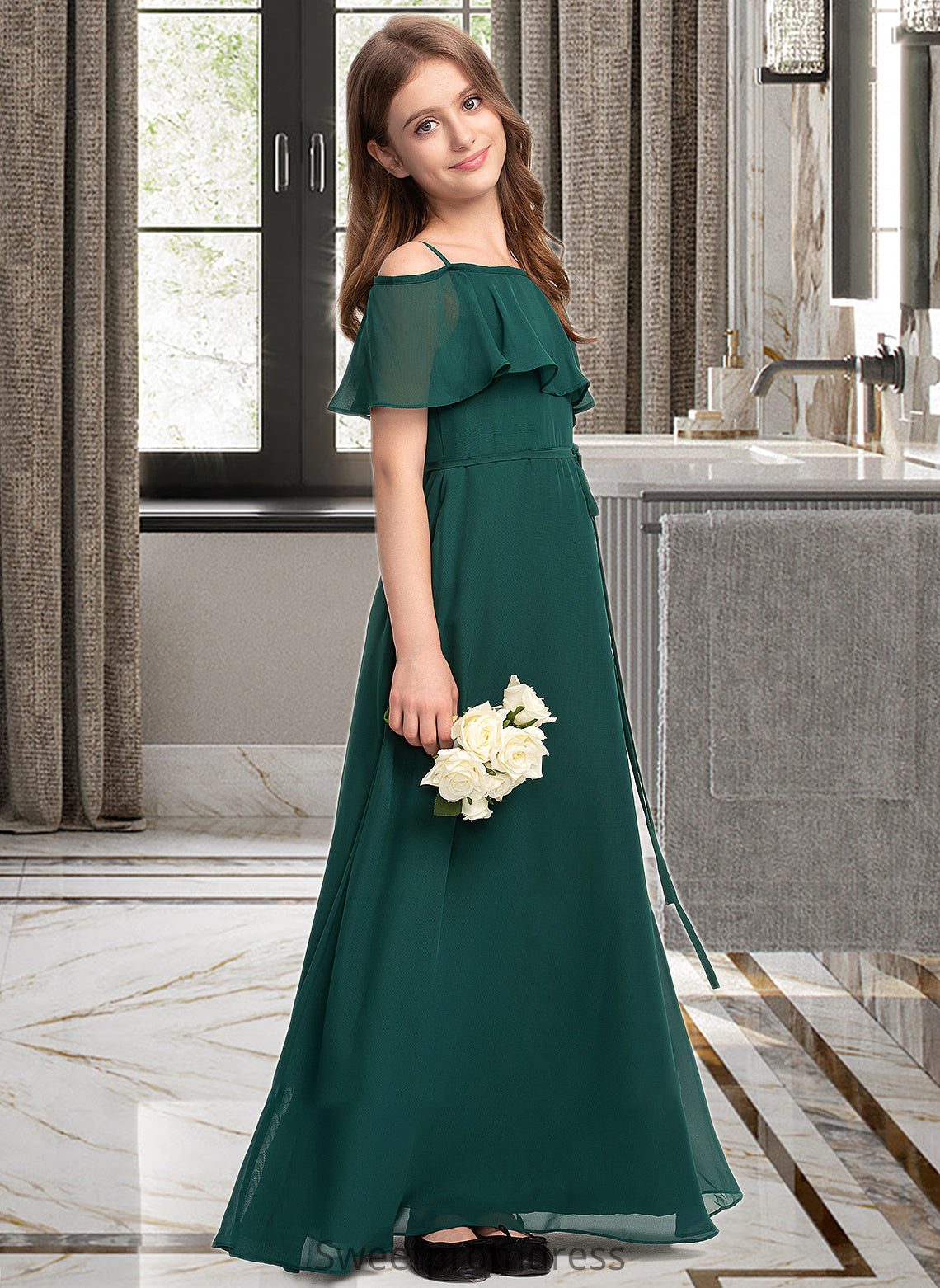 Sam A-Line Off-the-Shoulder Floor-Length Chiffon Junior Bridesmaid Dress With Bow(s) DHP0013359