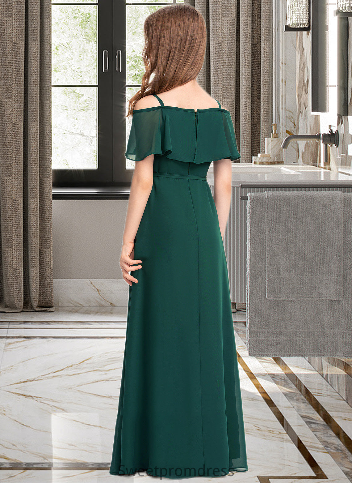 Sam A-Line Off-the-Shoulder Floor-Length Chiffon Junior Bridesmaid Dress With Bow(s) DHP0013359