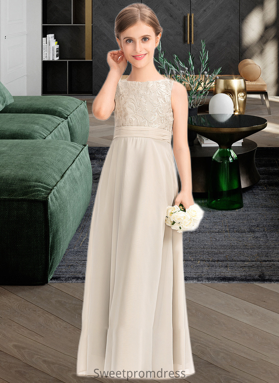 Karley A-Line Scoop Neck Floor-Length Chiffon Lace Junior Bridesmaid Dress With Ruffle DHP0013360