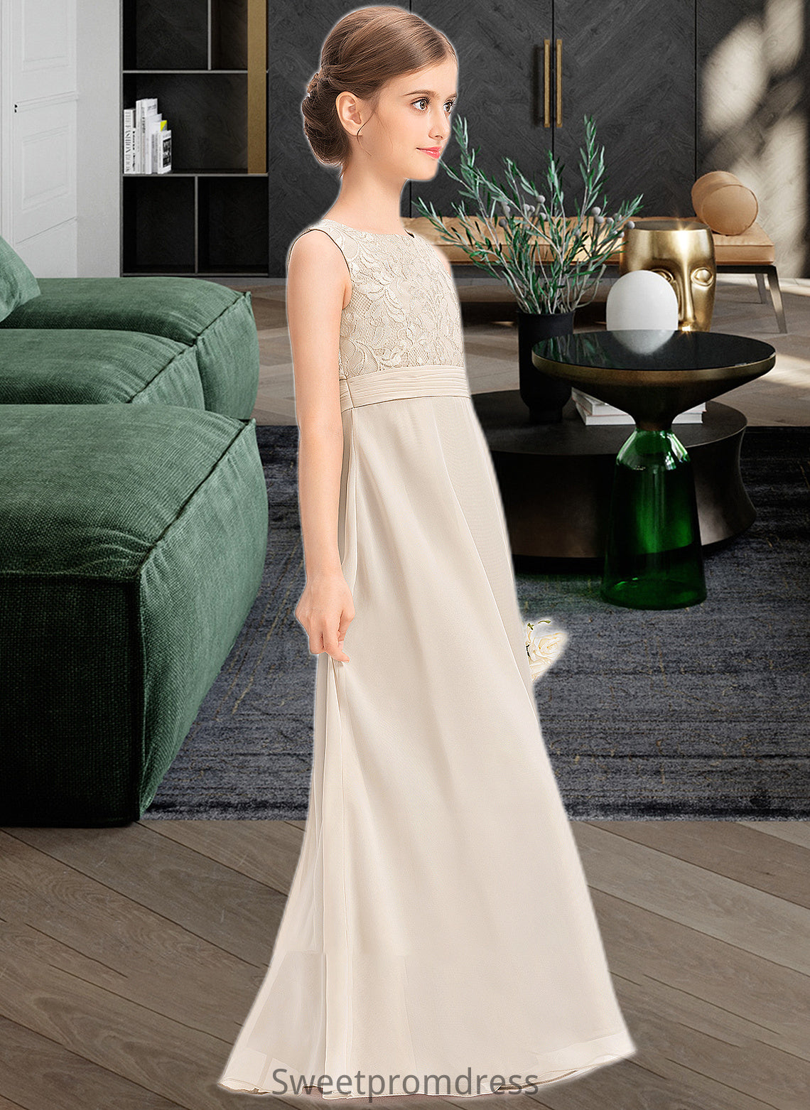 Karley A-Line Scoop Neck Floor-Length Chiffon Lace Junior Bridesmaid Dress With Ruffle DHP0013360